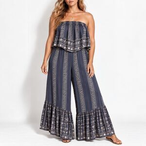 American Eagle Jumpsuit Womens Large Blue Floral Strapless Wide Leg Boho Ruffle